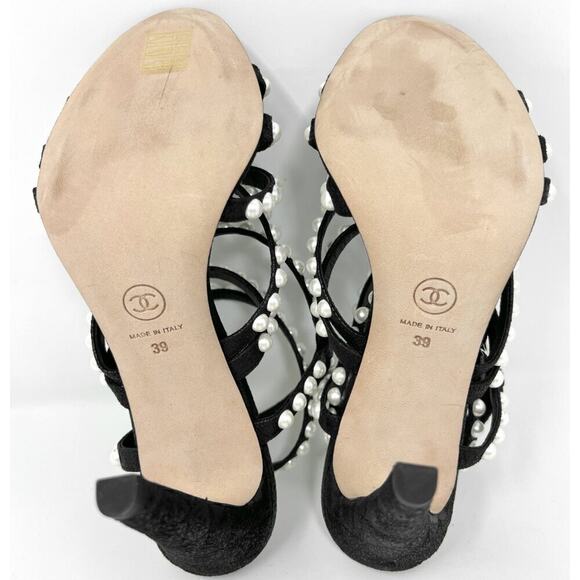 Chanel Black Pearl Strappy Heels EU 39 US 8.5–9 Cracked Leather Sandals - Picture 8 of 11